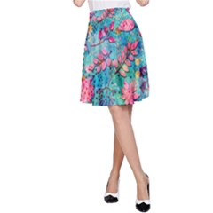 Pink On Blue Leaves A-line Skirt