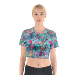 Pink On Blue Leaves Cotton Crop Top