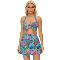 Pink On Blue Leaves Vintage Style Bikini Top And Skirt Set 