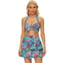 Pink On Blue Leaves Vintage Style Bikini Top and Skirt Set  View1