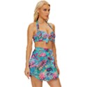 Pink On Blue Leaves Vintage Style Bikini Top and Skirt Set  View3
