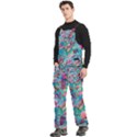 Pink On Blue Leaves Men s Side Zip Front Pouch Ski And Snowboard Bib Pants	 View2