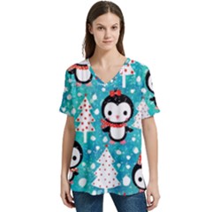 Blue Penguin Pattern, Adoxali, Christmas, Cute V-neck Split Shoulder Casual T-shirt