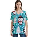 Blue Penguin Pattern, Adoxali, Christmas, Cute V-Neck Split Shoulder Casual T-Shirt View1