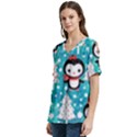 Blue Penguin Pattern, Adoxali, Christmas, Cute V-Neck Split Shoulder Casual T-Shirt View2