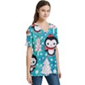 Blue Penguin Pattern, Adoxali, Christmas, Cute V-Neck Split Shoulder Casual T-Shirt View3