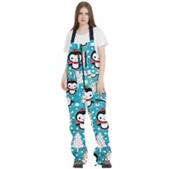 Blue Penguin Pattern, Adoxali, Christmas, Cute Women s Front Zip Ski And Snowboard Bib Pants