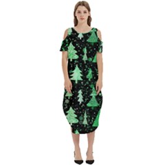 Green Christmas Trees, Adoxali, Scandinavian Cold Shoulder Loose Fit Dress With Pockets