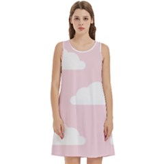Clouds Pink Pattern Round Neck Sleeve Casual Dress With Pockets