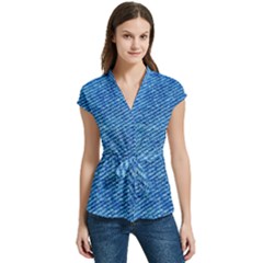 Blue Denim Jeans Like Women s Cap Sleeve Mandarin Collar Waist Tie Blouse