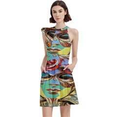 Carnival Mask - Venetian Mask - Italy Vintage Cocktail Party Halter Sleeveless Dress With Pockets