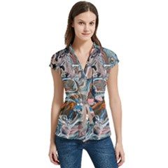Blue Islands Women s Cap Sleeve Mandarin Collar Waist Tie Blouse