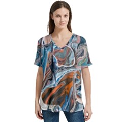 Blue Islands V-neck Split Shoulder Casual T-shirt