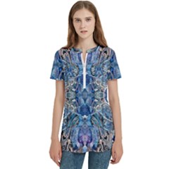 Blue Pour Blend  Women s Zip Front V-neck Short Sleeve Casual Top Pocket Shirt