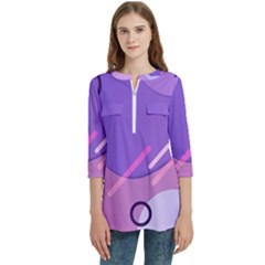 Colorful Labstract Wallpaper Theme Women s Zip Front V-neck 3/4 Sleeve Casual Top Pocket Shirt