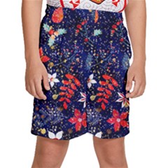 Festive Floral Pattern Christmas Blue Floral Flower Foliage Leaves Pattern Red Snow Winter Kids  Basketball Shorts