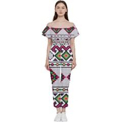 Ukrainian Folk Seamless Pattern Ethnic Ornament Border Element Traditional Bardot Ruffle Jumpsuit