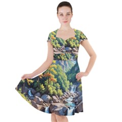Serene Mountain Waterfall Landscape Cap Sleeve Midi Dress With Pockets