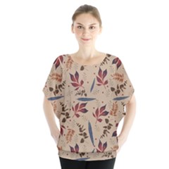 Leaves Pattern Teal Seamless Fall Batwing Chiffon Blouse