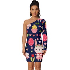 Bunny - Easter Pattern Long Sleeve One Shoulder Mini Dress