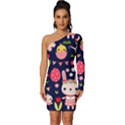 Bunny - Easter Pattern Long Sleeve One Shoulder Mini Dress View1