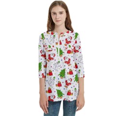 Christmas Pattern, Pattern, Christmas Women s Zip Front V-neck 3/4 Sleeve Casual Top Pocket Shirt