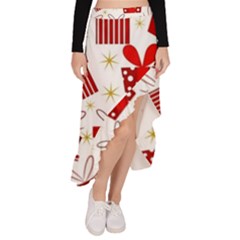 Christmas Texture, Pattern, Red, Craciun, Christmas, Bow, Gift Asymmetrical Ruffle Hem Skirt 
