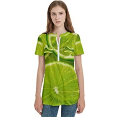 Lime Slices Close Up, Fresh, Fruit, Green Lemon Women s Zip Front V-neck Short Sleeve Casual Top Pocket Shirt