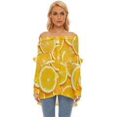 Oranges, Orange, Fruits Off Shoulder Chiffon Pocket Shirt