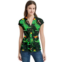 Christmas Funny Pattern Dinosaurs Women s Cap Sleeve Mandarin Collar Waist Tie Blouse
