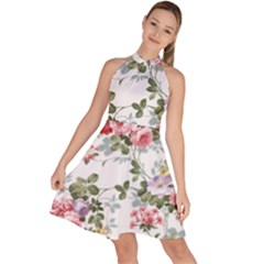Floral Elements Peony Chinese Rose Sleeveless Halter Neck A-line Dress