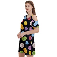 Ecstasy Pills Pattern Women s Cold Shoulder Round Neck Mini Dress