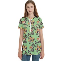 Retro 1880s Flowers Pattern 24 Women s Zip Front V-neck Short Sleeve Casual Top Pocket Shirt