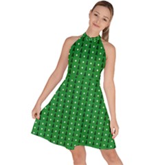 Green Christmas Tree Pattern Background Sleeveless Halter Neck A-line Dress