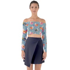 Cute Bird Pattern Long Sleeve Off Shoulder Crop Top