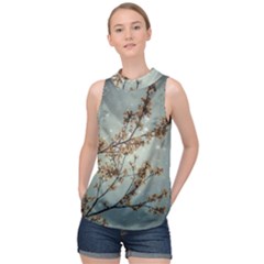 Dreamy Nature Motif High Neck Satin Top