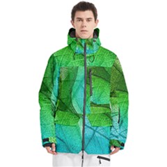 3d Leaves Texture Sheet Blue Green Men s Multi Pockets Zip Ski And Snowboard Waterproof Breathable Jacket