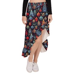 Vintage Style Christmas Decoration Pattern Motif Asymmetrical Ruffle Hem Skirt 