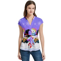 Let s Have Fun With Snowmen Women s Cap Sleeve Mandarin Collar Waist Tie Blouse