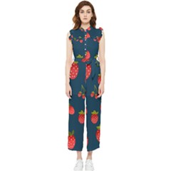Strawberry Texture, Blue Background With Strawberries Women s Frill Top Chiffon Jumpsuit