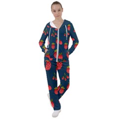 Strawberry Texture, Blue Background With Strawberries Women s Tracksuit