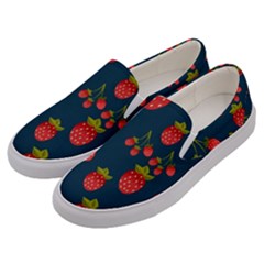 Strawberry Texture, Blue Background With Strawberries Men s Canvas Slip Ons