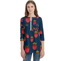 Strawberry Texture, Blue Background With Strawberries Women s Zip Front V-neck 3/4 Sleeve Casual Top Pocket Shirt