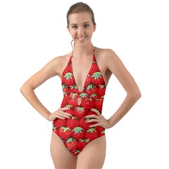 Strawberry Texture, Macro, Ripe Strawberry Halter Cut-out One Piece Swimsuit