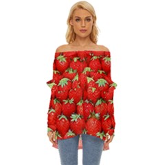 Strawberry Texture, Macro, Ripe Strawberry Off Shoulder Chiffon Pocket Shirt