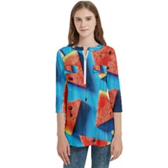 Watermelons, Fruits Women s Zip Front V-neck 3/4 Sleeve Casual Top Pocket Shirt