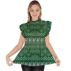 Christmas Knit Digital Ruffle Collar Short Sleeve Chiffon Top