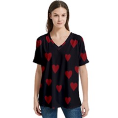 Small Cute Hearts  V-neck Split Shoulder Casual T-shirt