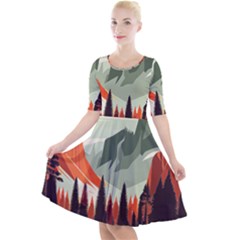 Mountains Quarter Sleeve A-line Dress With Pockets