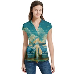 Mountains Rural Countryside Sky Women s Cap Sleeve Mandarin Collar Waist Tie Blouse